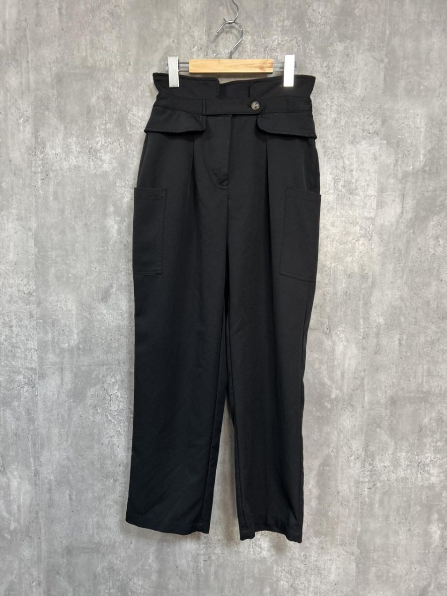 ネコポスOK JUNOAH ハイウエスト ワイドシルエット パンツ sizeL/黒 ■■ レディース拍卖