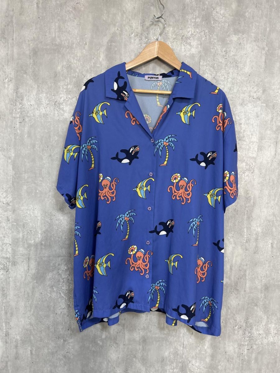 ネコポスOK PUNYUS プニュズ 渡辺直美 半袖 総柄 マリン アロハ シャツ size4/青 ■◆ レディース拍卖
