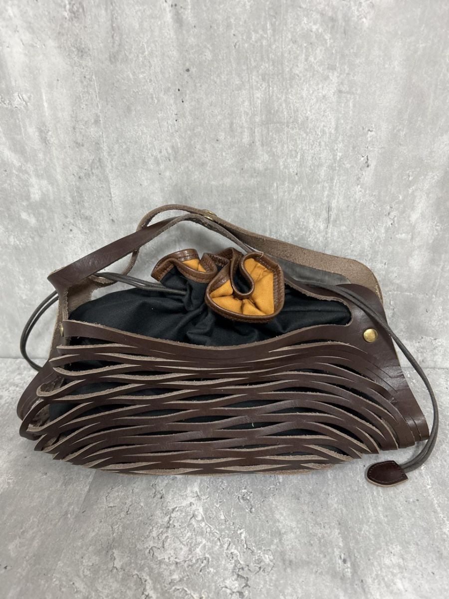 CLEDRAN クレドラン 牛革 巾着 帆布 メッシュレザー トートバッグ ハンド バッグ 黒x茶 ■■ レディース拍卖