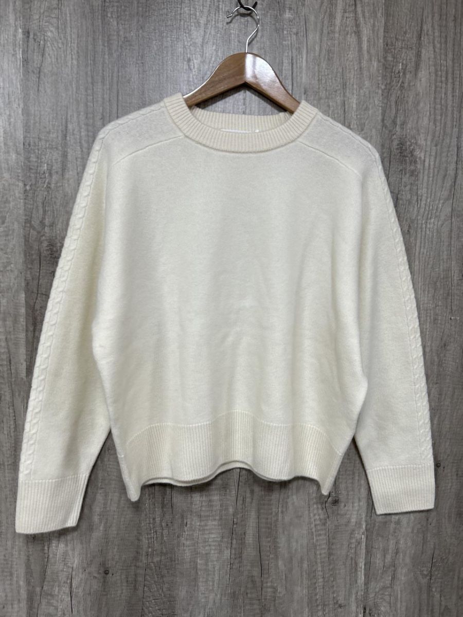 美品 fredy emue フレディ エミュ タグ付 カシミア混 ケーブル柄ラインプルオーバー ニット セーター size38/白 ◆■◎ レディース拍卖