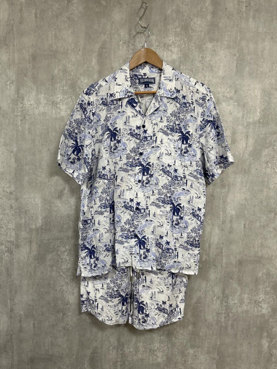 VILEBREQIIN アロハ リネン100% 総柄 セットアップ sizeM/白 青 ■◆◎ メンズ メンズ拍卖