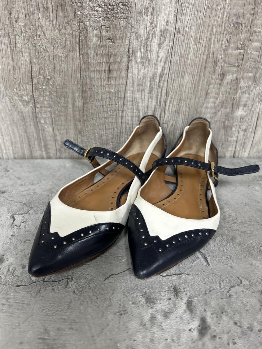 トリーバーチ シンプル ウィングチップ柄 バイカラー フラット パンプス size5 2分の1M/白x黒 ■◆ レディース拍卖