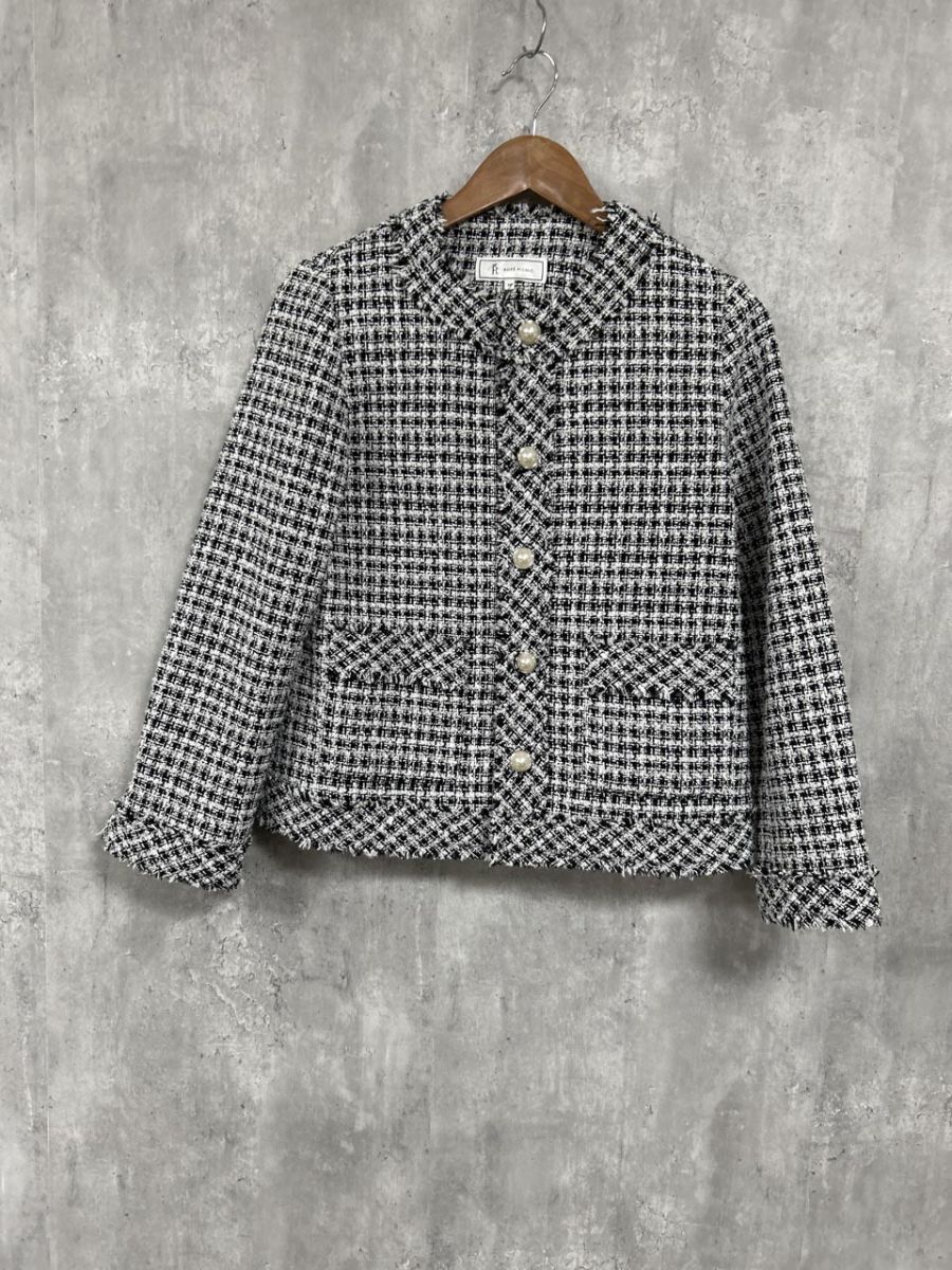 Rope Picnic ロペピクニック 千鳥柄 ツイード パール釦 ノーカラー ジャケット size38/白x黒 ◆■ レディース拍卖