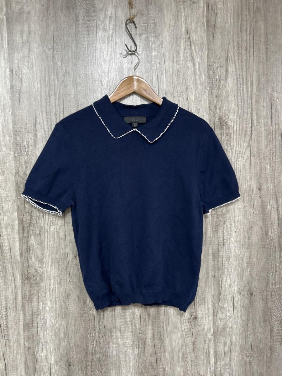 ZARA ザラ 襟付き レース サマー ニット セーター sizeL/濃紺 ■◆ レディース拍卖