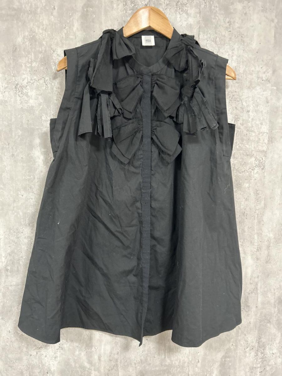 IENA イエナ 綿100% リボン チュニック丈 ブラウス シャツ 黒 ■◆ レディース拍卖