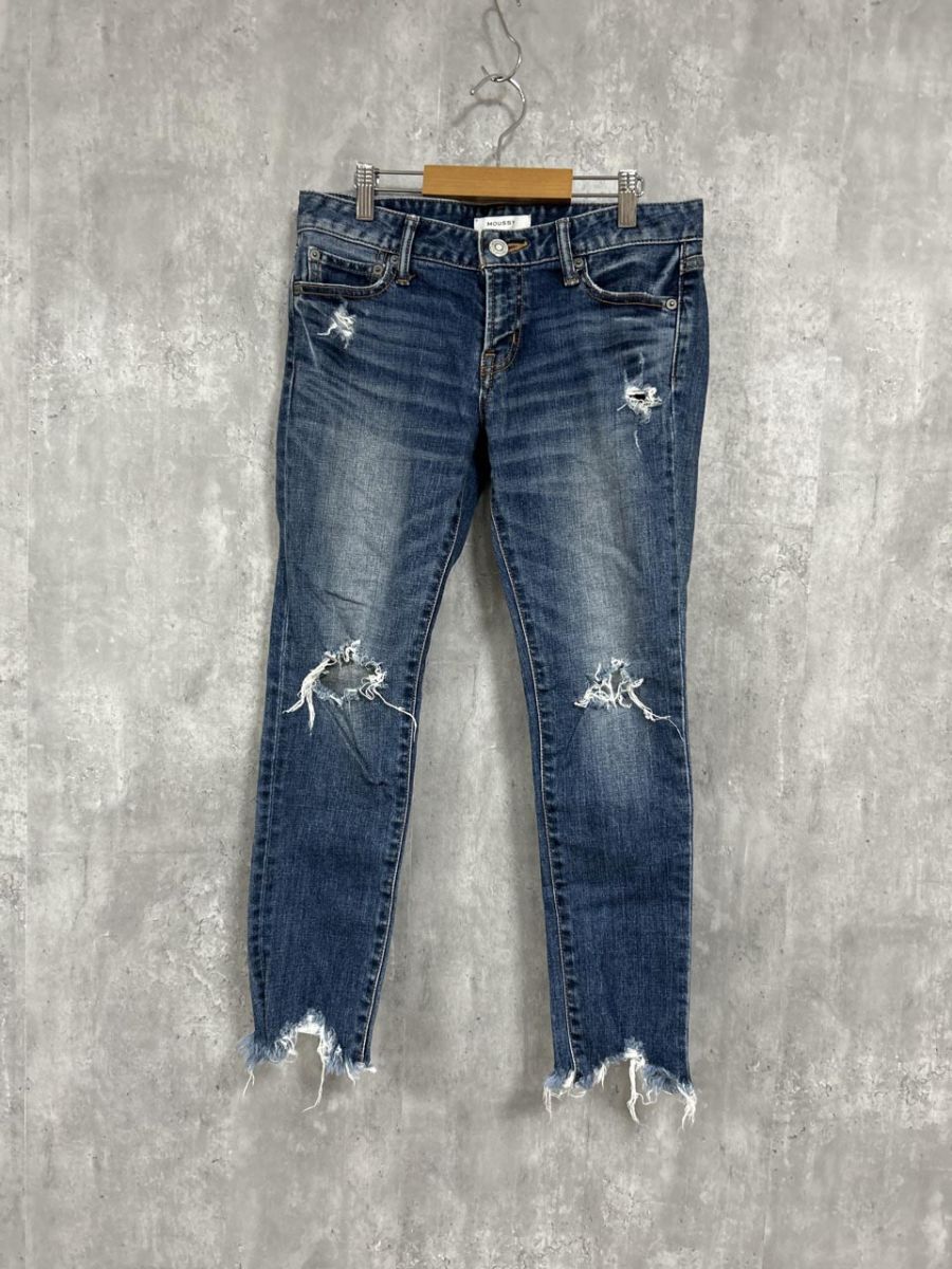 MOUSSY マウジー ダメージ加工 ringecroppedスキニー デニムパンツ size27/青 ■■ レディース拍卖