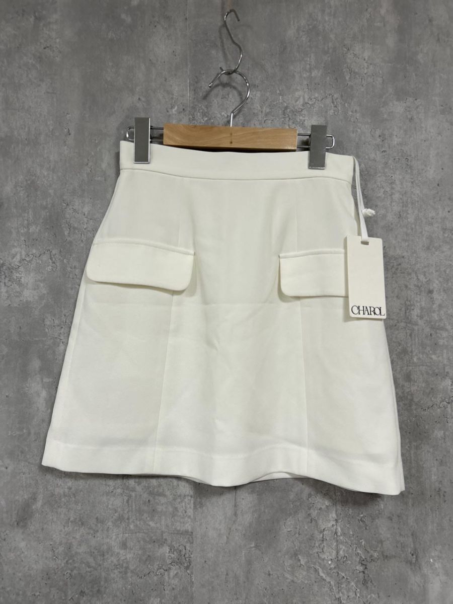 ネコポスOK 美品 CHAROL タグ付 シャロル フラップ ミニ スカート sizeM/白 ■■ レディース拍卖