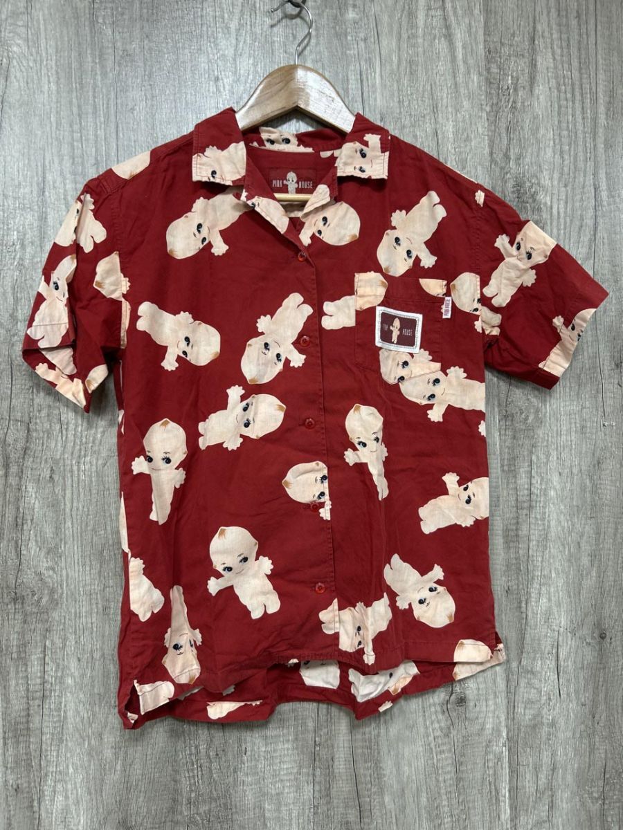 ネコポスOK PINK HOUSE ピンクハウス キューピー柄 綿100% シャツ sizeM/赤 ■◆ レディース拍卖