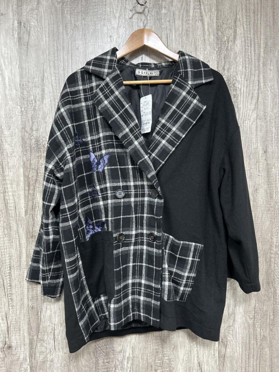 美品 scolar スカラー タグ付 蝶 刺繍 チェック テーラード ジャケット sizeM/黒 ◆■◎ レディース拍卖
