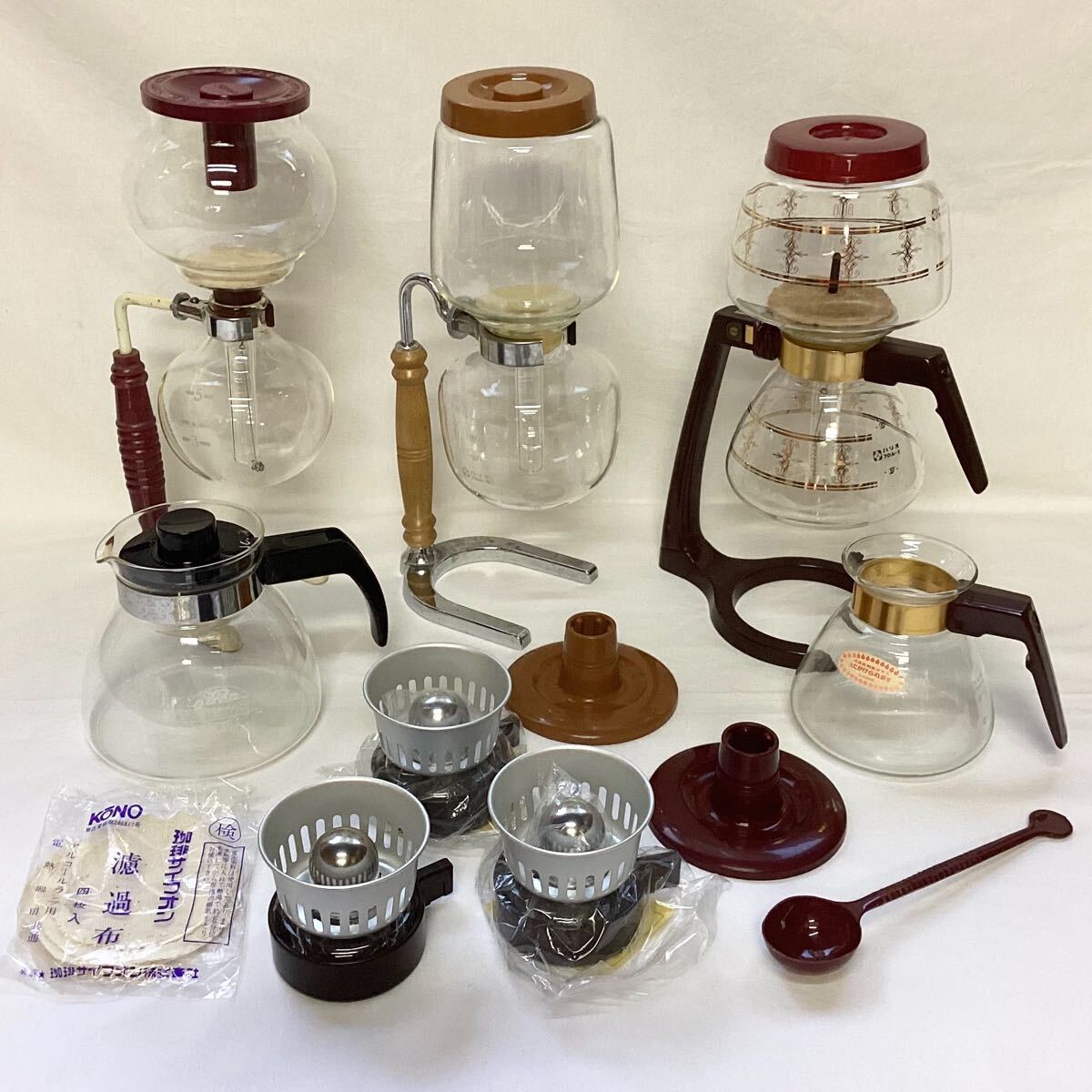 HARIO KONO サイフォン上下セット3台 ハリオコーヒーポット アルコールランプ3個 コーヒーサーバーまとめ売り 佐川急便140サイズ発送(兵庫)拍卖