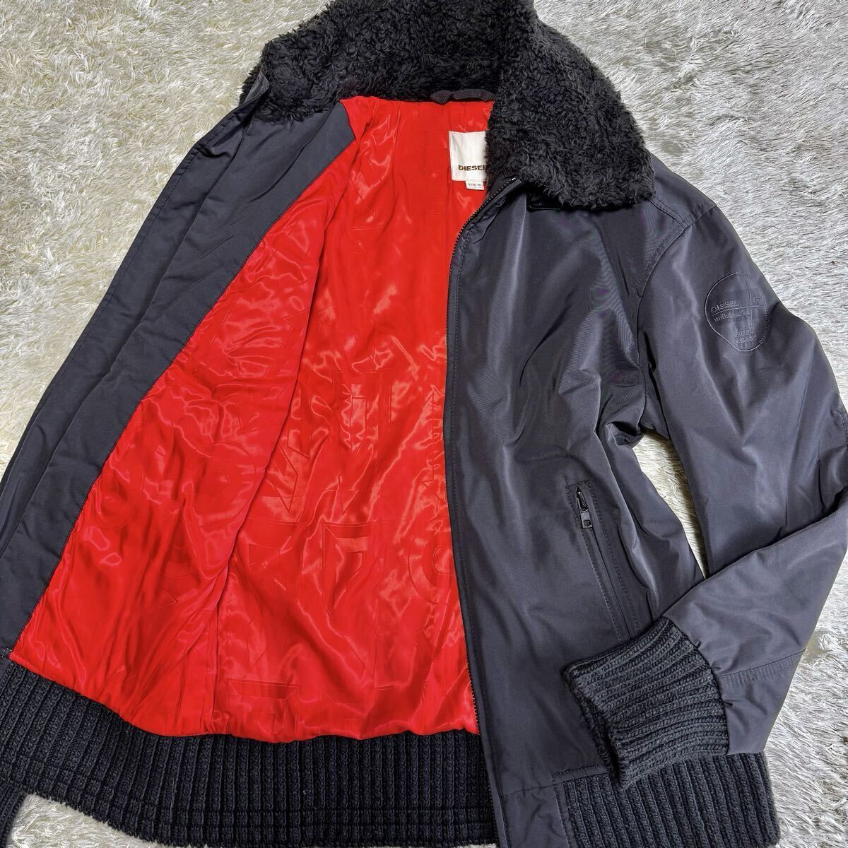 DIESEL ディーゼル ボア ブルゾン 肩ロゴ 刺繍 裏地蛍光色 ジャンパー ダブルジップ ジャケット MA-1 ブラック 黒 L相当 アウター 中綿拍卖