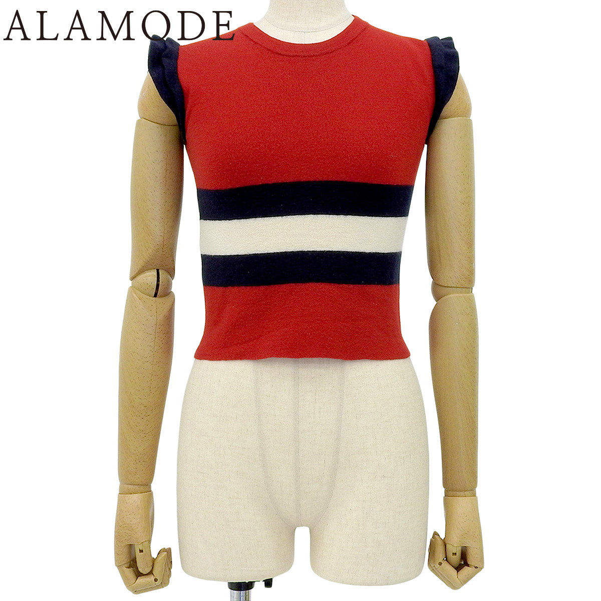 グッチ 袖フリル ノースリーブニット ニット/セーター ボーダー S ウール レッド赤 ネイビー紺 アイボリー 40802156622【アラモード】拍卖