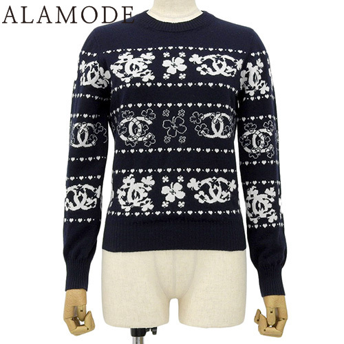 CHANEL(シャネル) ココマーク クローバー柄ニット P63 アパレル セーター 34 カシミヤ ネイビー紺 白 40803002310【アラモード】【秋冬】拍卖