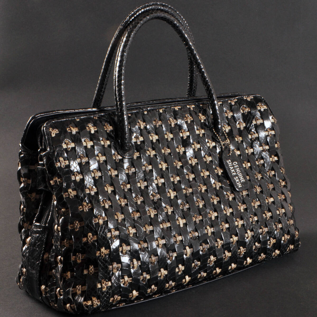 ■□■ 極上品 美品 本革 パイソン 蛇革 SNAKE SKIN ブラック×ベージュ×ブラウン メッシュ トートバッグ■□■拍卖