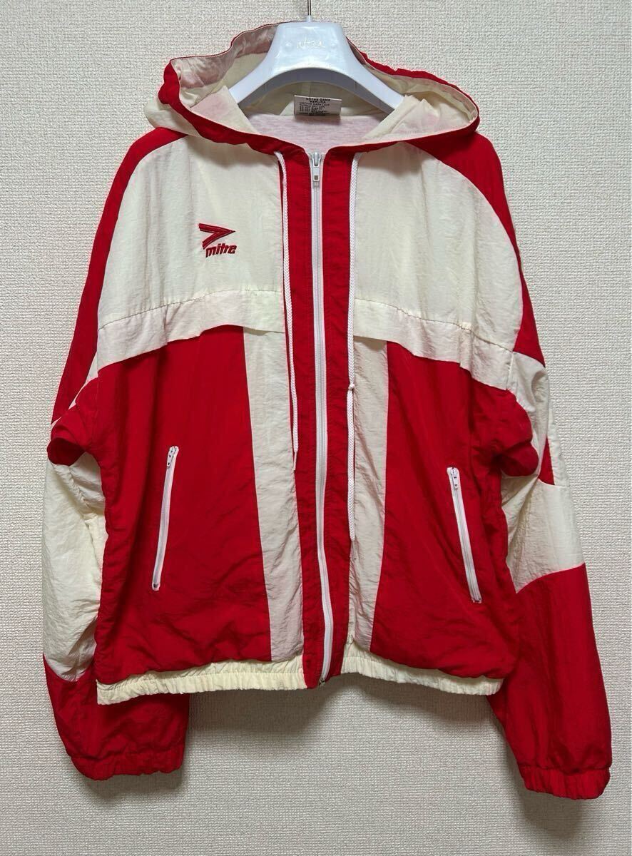 90s USAヴィンテージ mitre ナイロンジャケット フーディ ジップアップジャケット nylon jacket アイボリー×赤 M拍卖