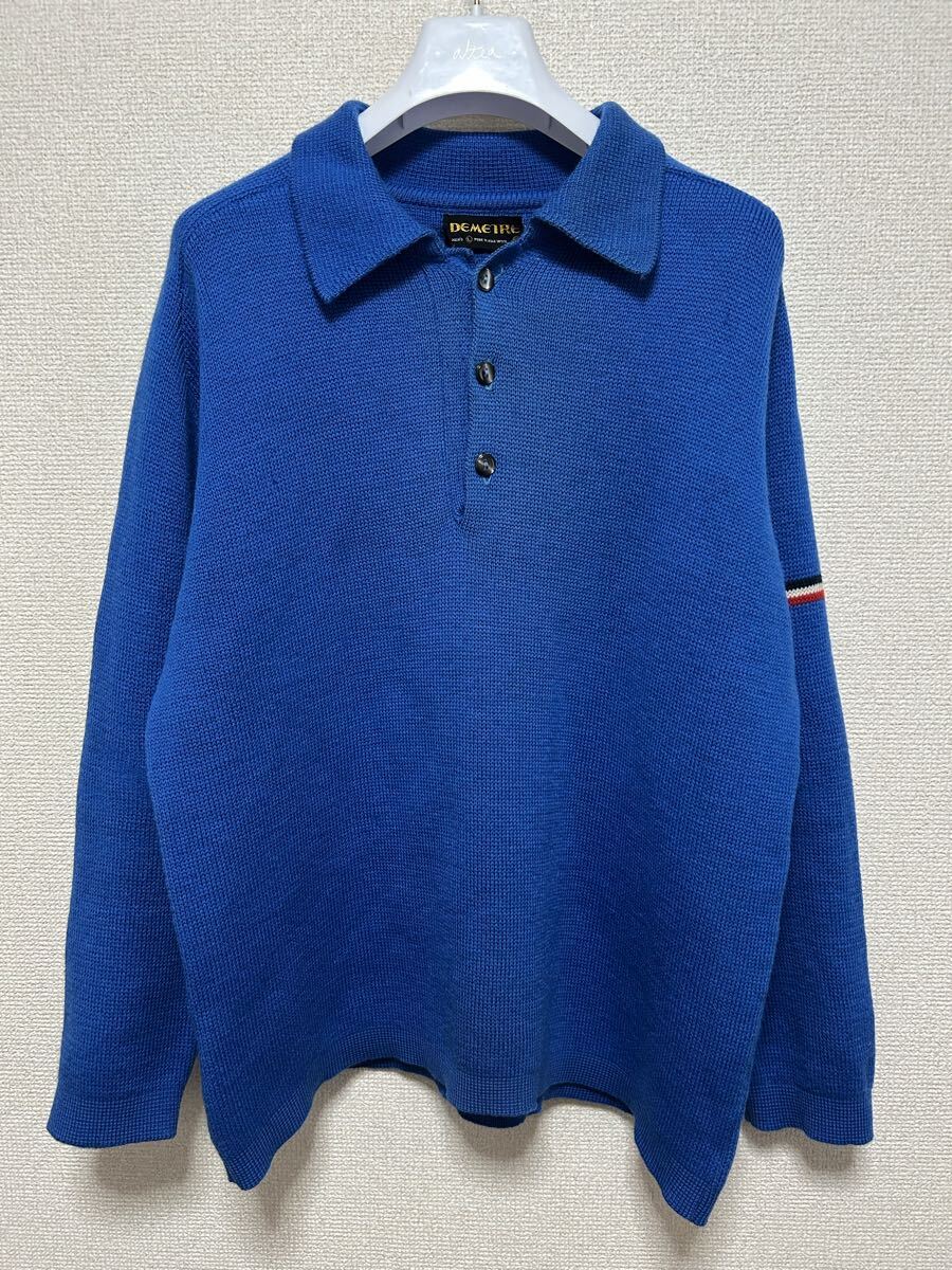 60's 70's DEMETRE ウール ニットポロセーター Vintage knit shirt スキーニット ポロシャツ 長袖 青 L USAヴィンテージ 拍卖