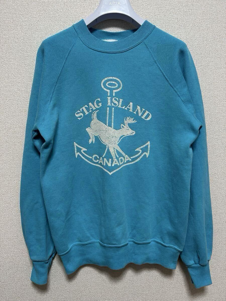 80's 90's BASSETT -WALKER BW STAG ISLAND プリントスウェットトレーナー ラグランスリーブ スウェット 水色系 USAヴィンテージ Vintage拍卖