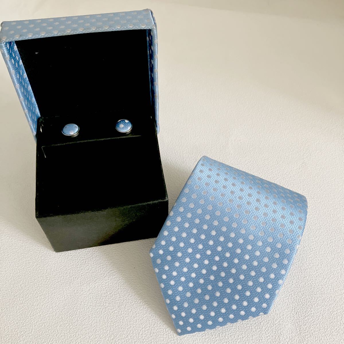 e271-60 ネクタイ カフス 同柄 セット ブルー系 ドット 水玉 箱入り 箱変色有り ハンドメイド 総柄 紳士 スーツ拍卖