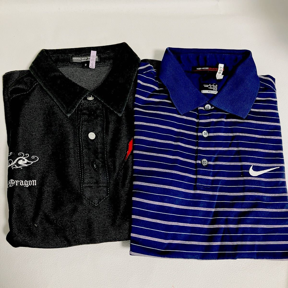 e275②60 ポロシャツ 半袖 ゴルフウエア NIKE ナイキ DANCE WITH DRAGON 半袖ポロシャツ M サイズ2 セット メンズ ネイビー ボーダー 黒拍卖