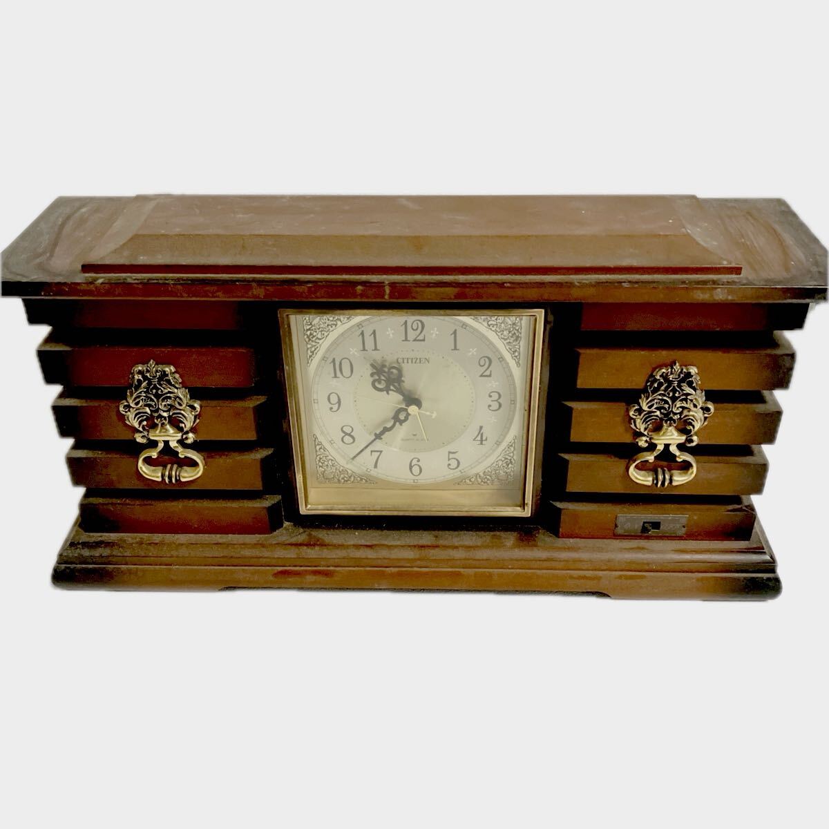 e282-100 昭和レトロ 置時計 木製 CITIZEN シチズン インテリア アンティーク 動作未確認 かなり汚れ有 クォーツ アラーム リズム時計工業拍卖