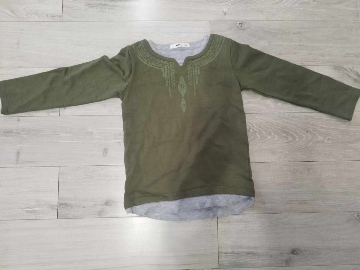 USED MPS 重ね着風 薄手トレーナー グレーはワッフル地 モスグリーン 130cm拍卖