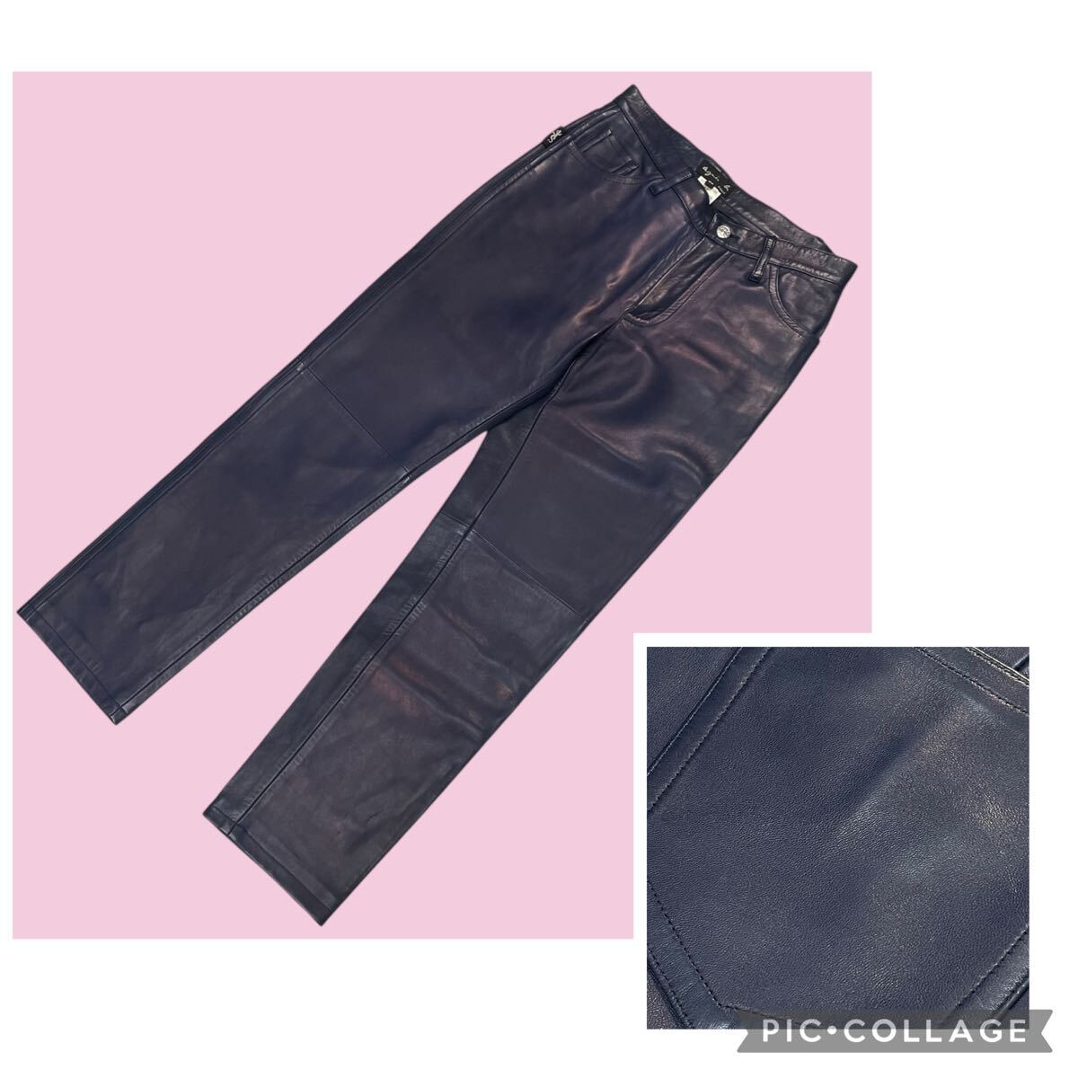 美品 90s アーカイブ フランス製 アニエスベー ラムレザー パンツ ネイビー Navy archive Agnes b. ソフトレザー ビンテージ ヴィンテージ拍卖