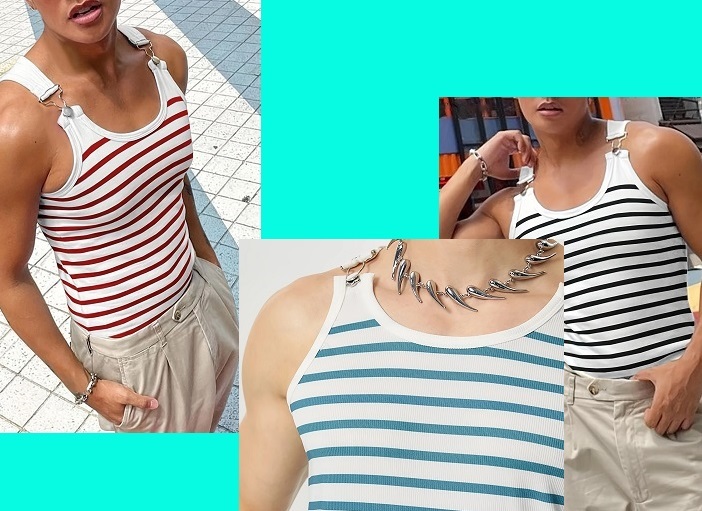 SPLASH-FRUITs19チーム!!◆GYM更衣室で見せつけ!!SEXY!! タンクトップ【Lサイズ】3カラーセット★INCERUN MEN ストライプRED/BLUE/BLACK拍卖