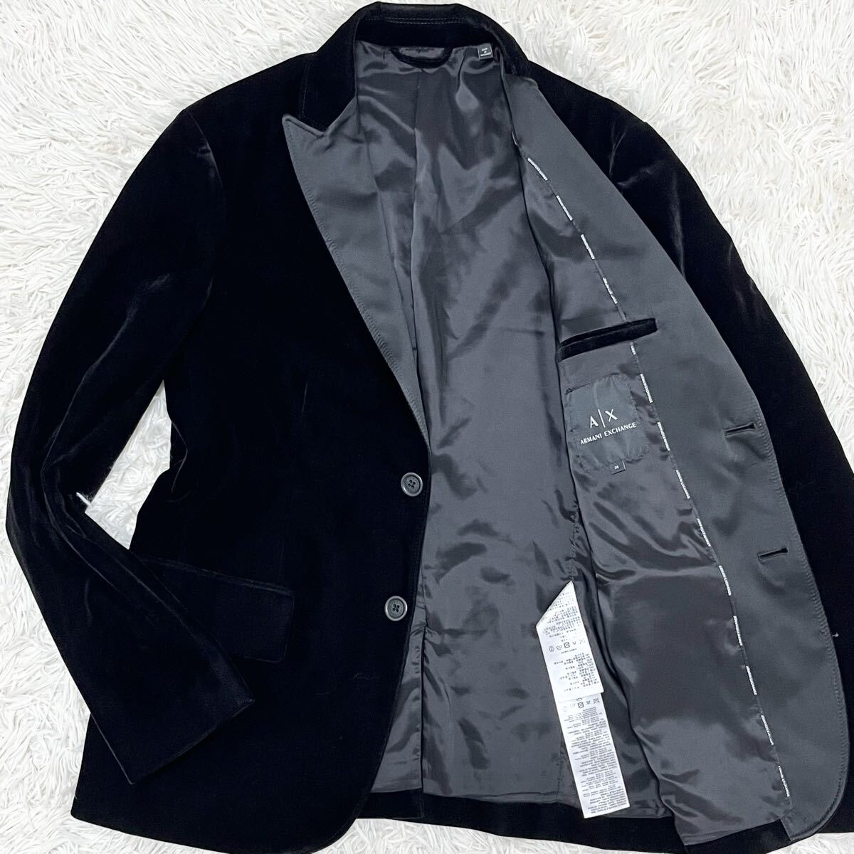 極美品 M相当 アルマーニ ARMANI テーラードジャケット ベロア 2B タキシード ブレザー 切り替え メンズ ブラック 黒 ロゴ プレート 拍卖