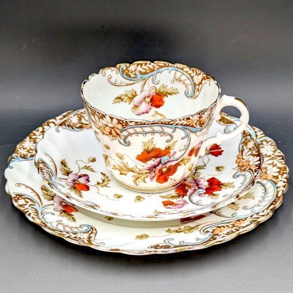 【淡きターコイズが彩る金彩美】Aynsley エインズレイ オレンジ ライラック 優美な花々 キャビネットトリオ 英国アンティーク拍卖