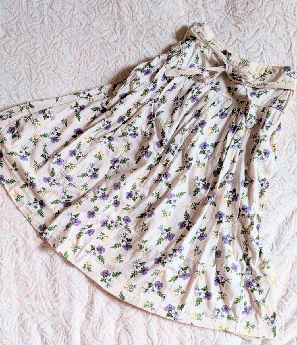花柄 ギャザースカート M~L相当 ピンク パープル フラワーモチーフ ウエストリボン ボトムス フェミニン拍卖