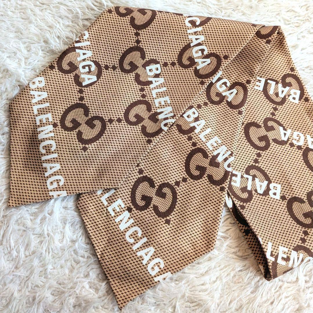 美品 GUCCI BALENCIAGA コラボ GGパターン スカーフ リボン 総柄 シルク 絹 グッチ バレンシアガ メンズ レディース ツイリー 総柄 ロゴ 茶拍卖