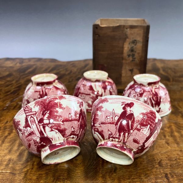 時代物 阿蘭陀 人物風景画 煎茶碗 5客 骨董品【I200925060】拍卖