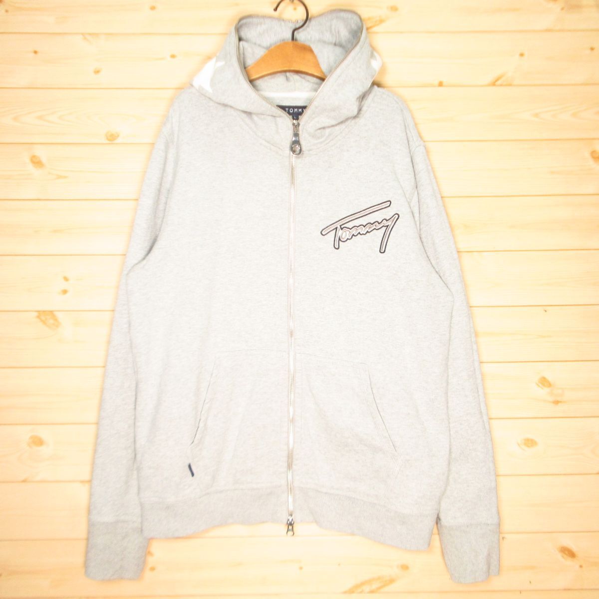 ◎使用少々!Tommy Hilfiger トミー ヘビーウェイト フルジップ パーカー スウェット トレーナー 裏毛 刺繍ロゴ メンズ グレー L◆AA4891拍卖