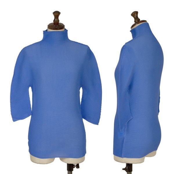 イッセイミヤケ ミーISSEY MIYAKE me ストレッチプリーツハイネック五分袖カットソー 青F拍卖