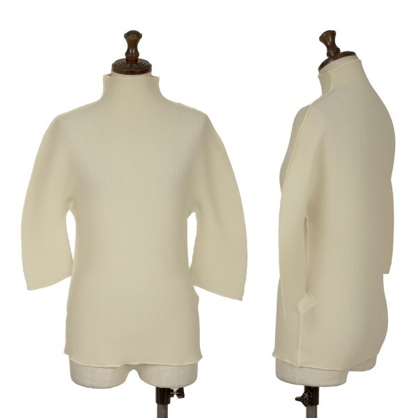 イッセイミヤケ ミーISSEY MIYAKE me ストレッチプリーツハイネック五分袖カットソー 生成りF拍卖