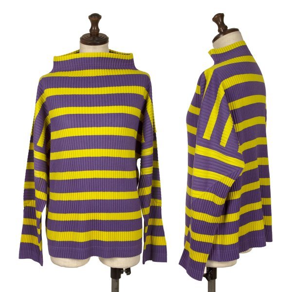 イッセイミヤケミーISSEY MIYAKE me バイカラーファインニットプリーツボーダーハイネックカットソー 紫黄F拍卖