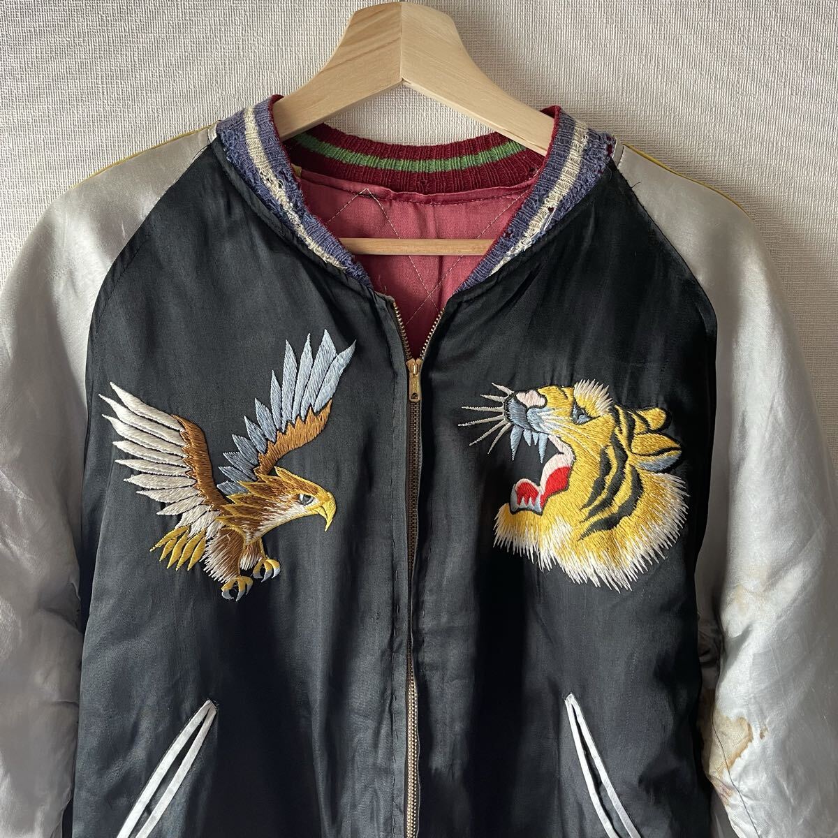実寸Lくらい 50s スカジャン ブラック 虎 Japan SASEHO 希少 ヴィンテージ アメリカ軍 スペシャル Vintage SUKA Jacket 顔虎 サテン 拍卖