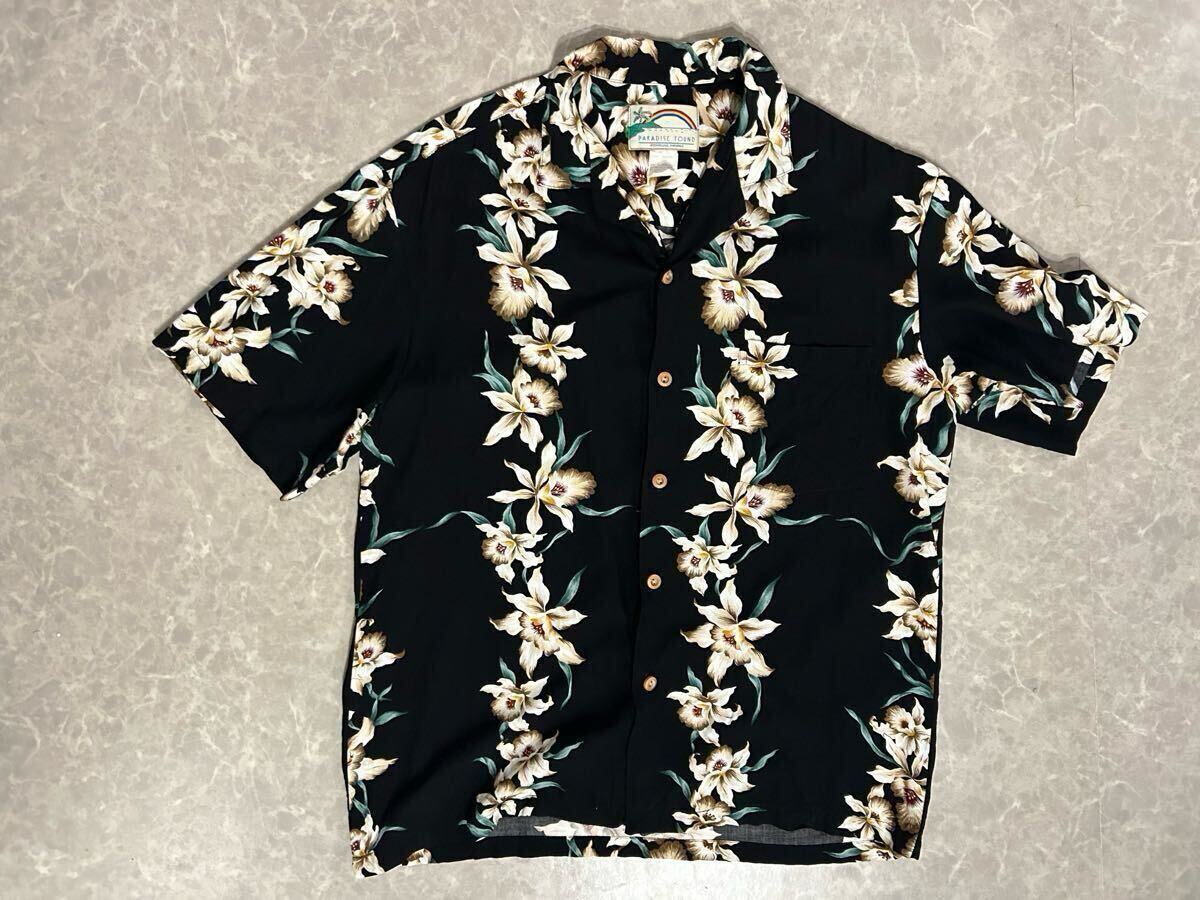 80's 90's PARADISE FOUND アロハシャツ ブラック 半袖 ハワイ製 総柄 開襟 花柄 ハワイアン レーヨン100 古着 Mサイズ ヴィンテージ拍卖