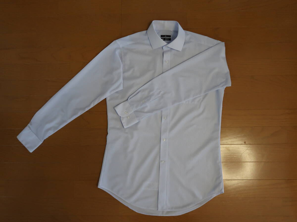 ☆SUIT SELECT 4S スーパーノンアイロン ストレッチシャツ ワイドカラー ライトブルー L(41)-28 スーツセレクト BLACK LINE 2☆拍卖