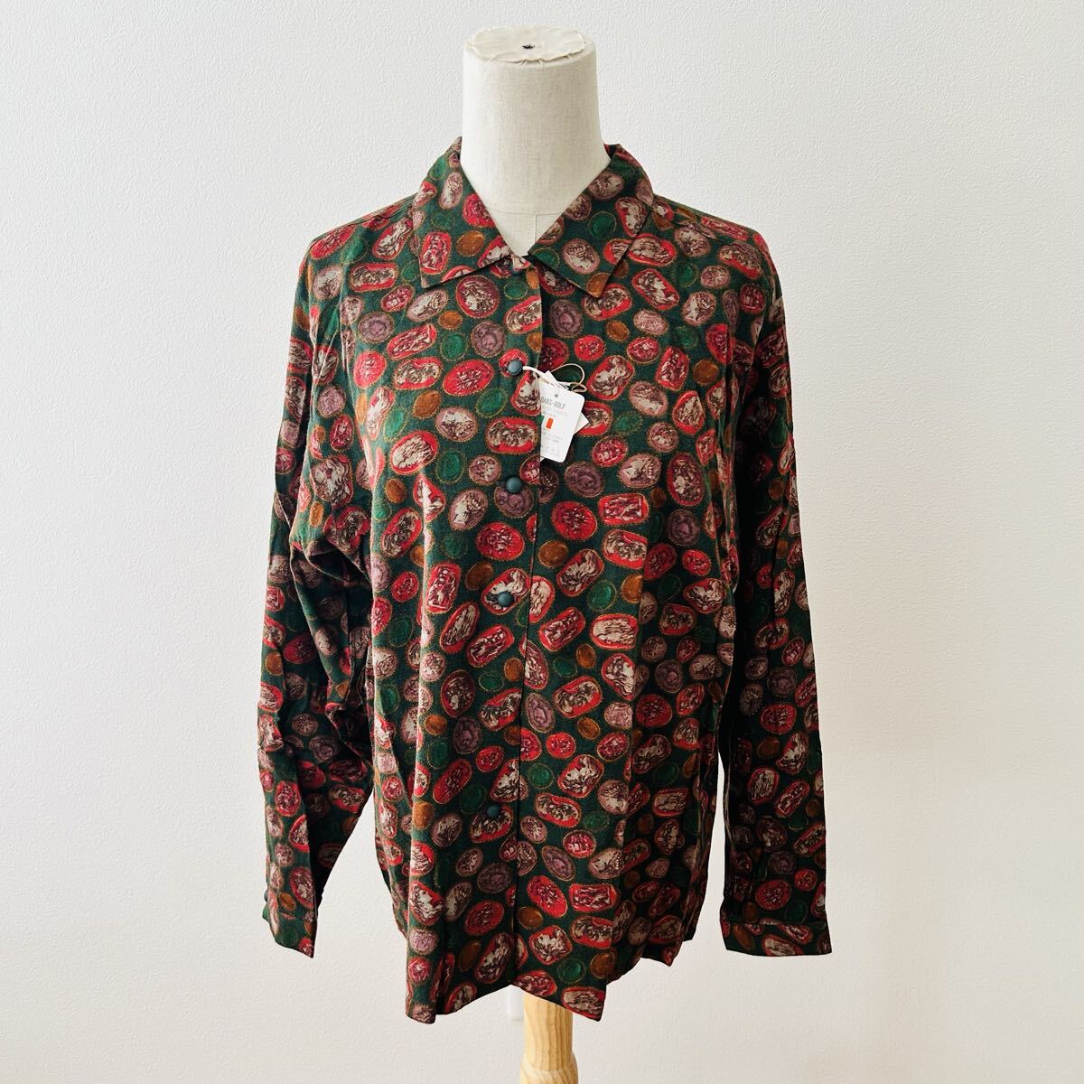 定価2.8万 新品 ダックス DAKS 総柄長袖シャツ グリーン系 レトロ お洒落 11Rサイズ拍卖