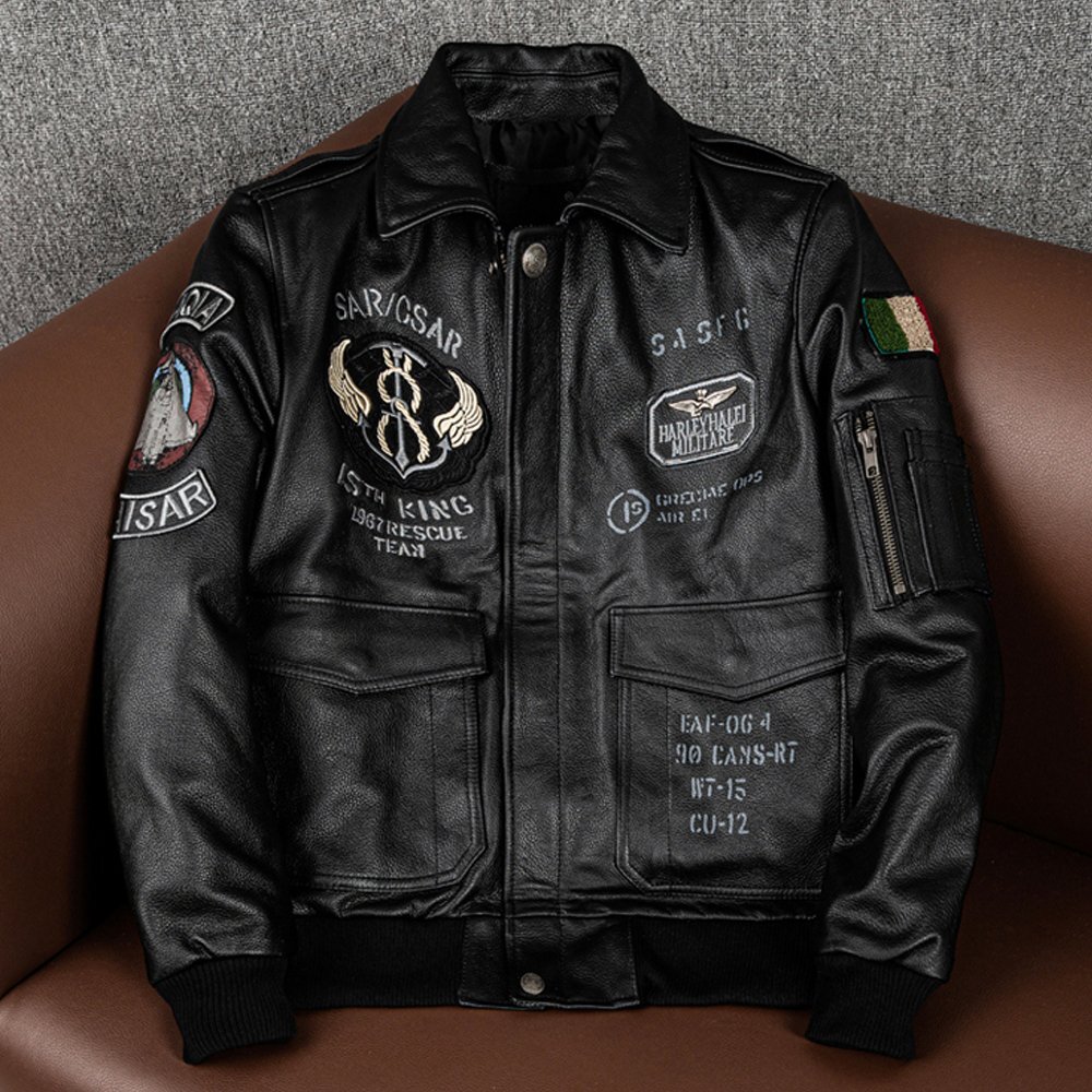 高品質 フライトジャケット レザージャケット 牛革 ライダースジャケット 革ジャン カウハイド メンズファッション 刺繍 バイクレザー拍卖