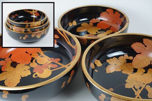 D-336■時代漆器 木彫漆塗 瓢箪金蒔絵 三ツ丼 大中小一対 三組器 拍卖