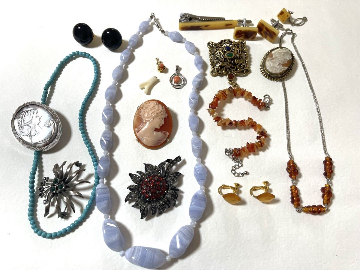 1円から アクセサリー ブローチ イヤリング 天然石 ネックレス ビンテージ 大量 まとめ売り お得 カメオ NO.30拍卖