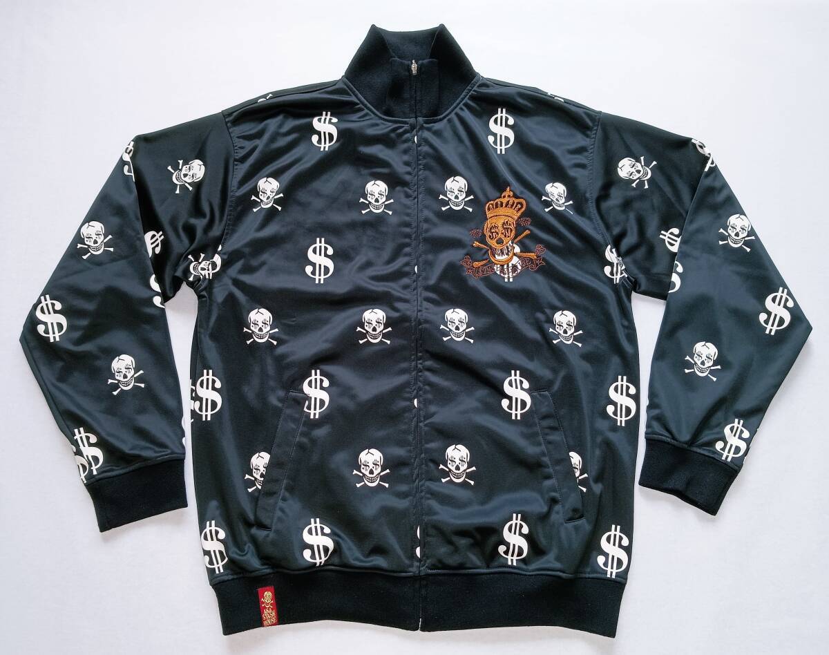 美品!稀少デザイン!AKA STASH HOUSE アカスタッシュハウス スカル総柄 ロゴ刺繍 ジップアップジャージトップ(黒XL-2XL相当)拍卖