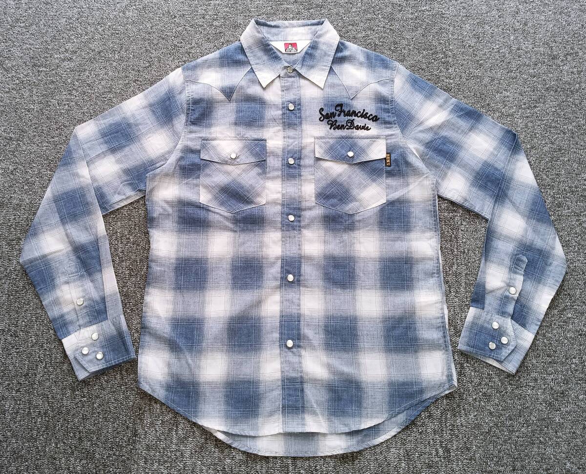 美品!BEN DAVIS ベン・デイビス バック刺繍 ホワイトストーン 長袖ウエスタンシャツ(紺系M相当)拍卖