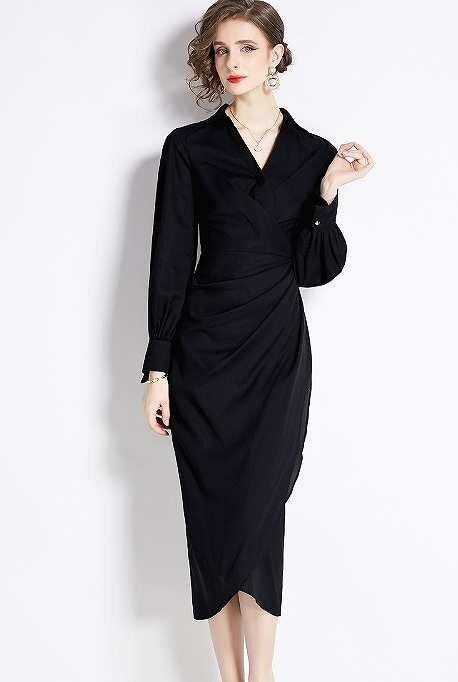 長袖ワンピース Vネック ひざ丈ワンピ きれいめワンピ 【大きいサイズあり】 2XL ブラック拍卖