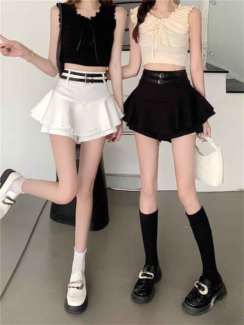 ミニスカート フリルスカート ハイウエスト Aライン キュロット 夏 S ブラック拍卖