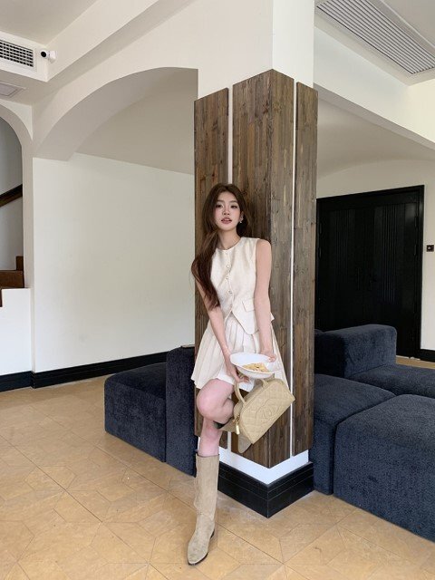 セットアップ 上下セット ミニスカート プリーツ ノースリーブトップス 袖なし お出かけ シンプル カジュアル XL ベージュ拍卖