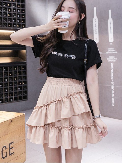 ミニスカート フリル ショートスカート シンプル カジュアル かわいい レディース L カーキ拍卖