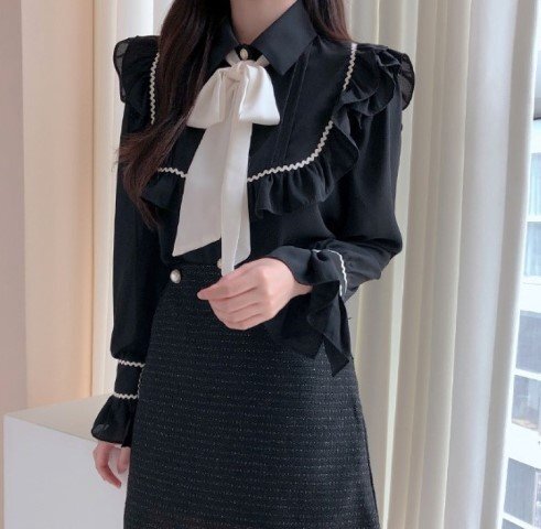 長袖シャツ 長袖ブラウス フリル リボン レトロ ガーリー かわいい お出かけ S オフホワイト拍卖